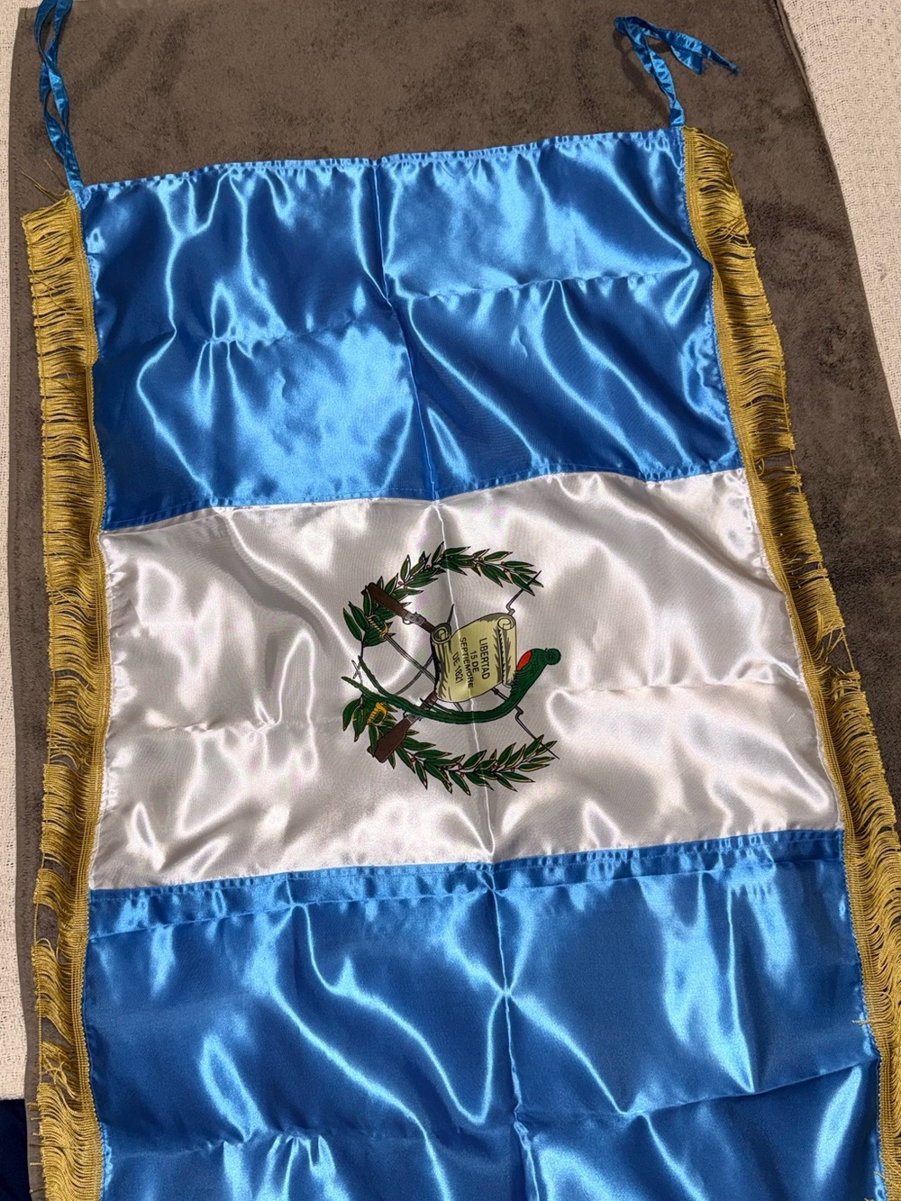Blue and White Decorative Satin Banner with Gold Fringe